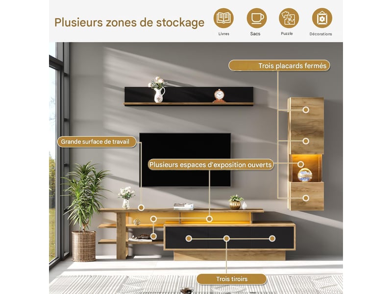Ensemble meuble tv 3 pièces mdf bois naturel et noir 180x40x45 cm - pangivo - Conforama E
