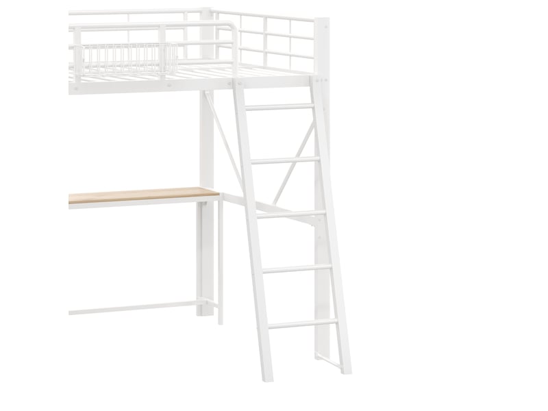  Lit mezzanine 140x200 cm blanc, avec bureau, rangements, panier, étagères, led, usb, structure métal, sommier inclus, sans matelas  - Conforama E