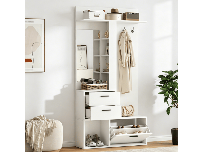  Meuble d'entrée avec miroir, 2 tiroirs, range-chaussures rabattable et 3 crochets, mdf blanc, 90 × 30 × 180 cm  - Conforama C