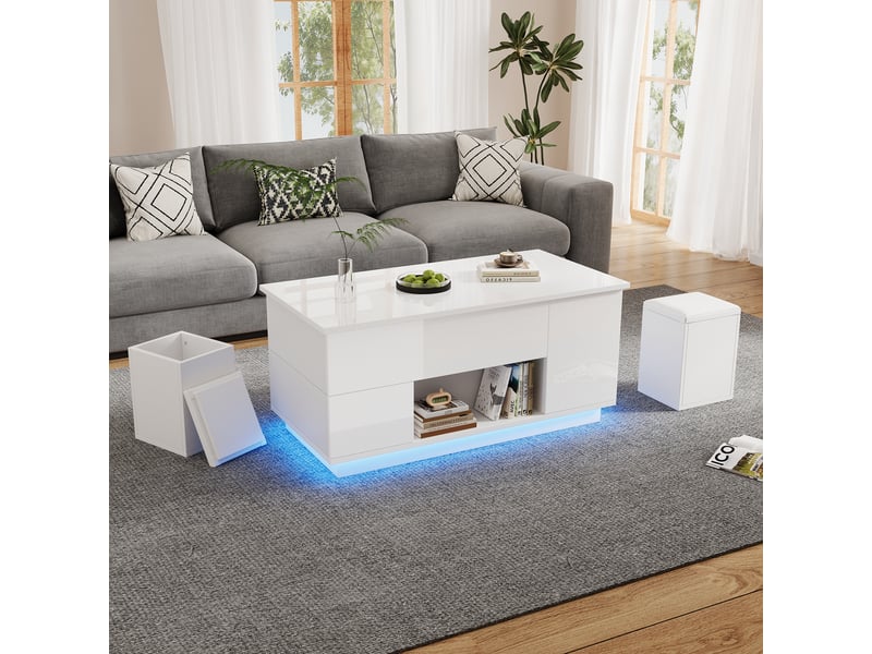  Table basse 4 en 1 (100 x 50 x 45 cm) réglable en hauteur avec éclairage led, table basse avec 2 tiroirs, table d'appoint laquée avec 2 tabourets, table de chevet avec rangement dissimulé, charge maximale 50 kg, blanche  - Conforama B