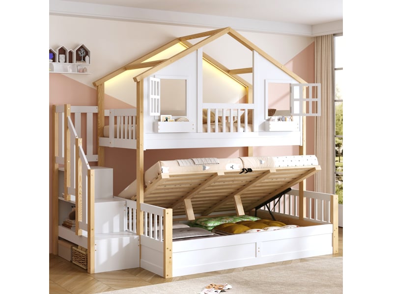  Lit superposé enfant 90x200 et 140x200 cm blanc et bois avec rangement led  - Conforama D