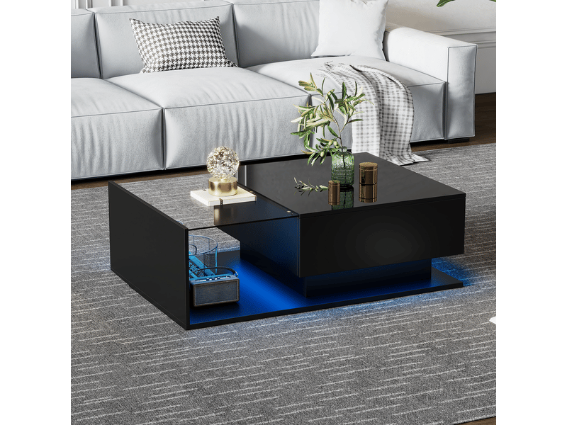 Haute glace noire couchtisch 100x50x32 cm - avec plaques de verre et lames de protection, fête du kratz, avec 1 lame de protection, avec éclairage led, style plus moderne - Conforama B