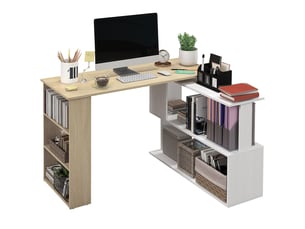 Bureau d'angle bureau informatique modulable bibliothèque intégrée + étagère 3 niveaux blanc et bois naturel