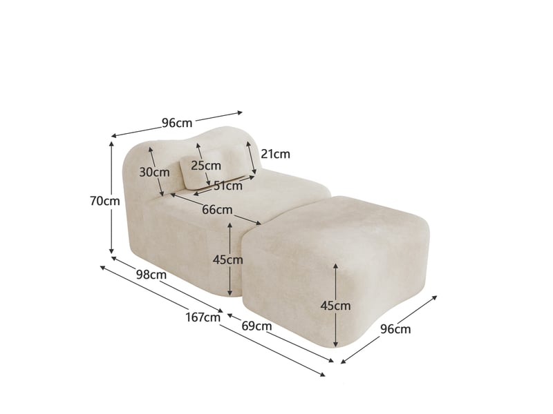  Canapé modulable sans structure 1 place avec pouf, chauffeuse de sol design ondulé pour salon, en velours de mousse 32d 167x96x70cm, beige  - Conforama E