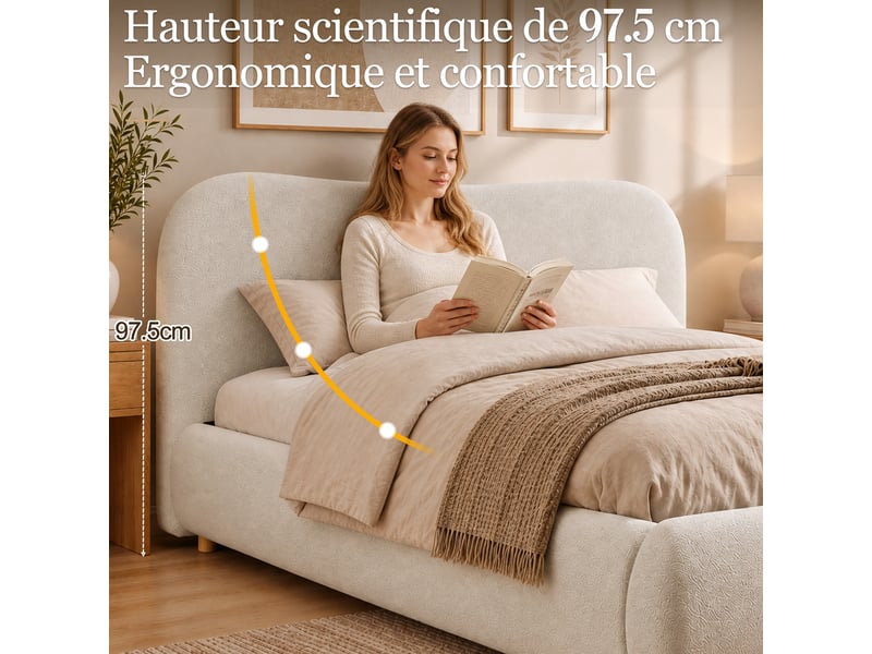  Lit double capitonné 180x200cm,lit coffre hydraulique avec grand rangement,tête de lit rembourrée,bouclé,sommier à lattes,sans matelas,blanc  - Conforama D