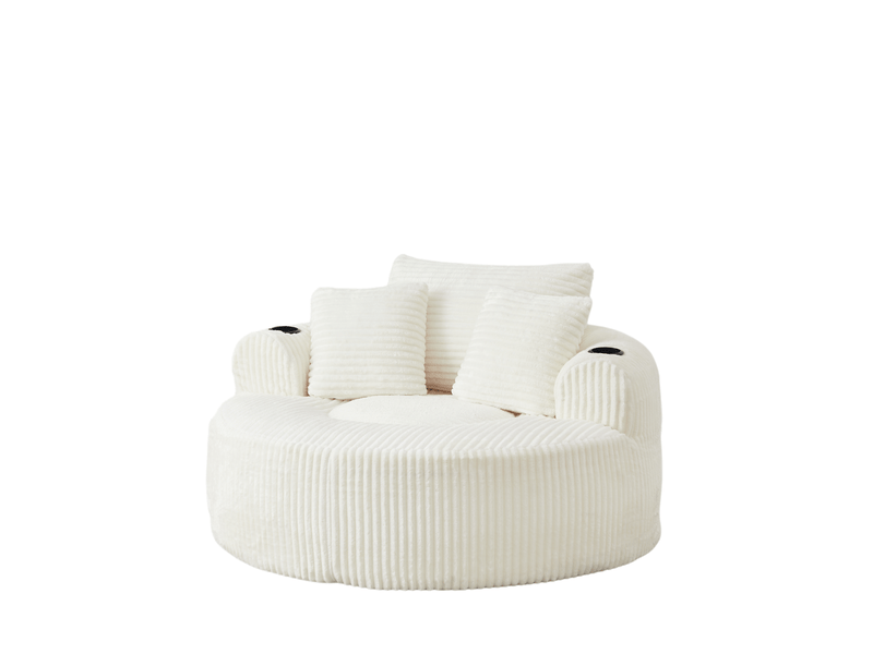  Fauteuil relax rond 1 place en velours côtelé beige avec 3 coussins, porte-gobelets et rangements latéraux  - Conforama A