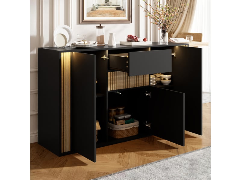  Buffet 140 x 40 x 82 cm avec 3 portes, 1 tiroir et éclairage led réglable, finition noire et veinage bois naturel, meuble moderne et fonctionnel pour salon ou chambre OPULERANE TRADING LTD - Conforama E