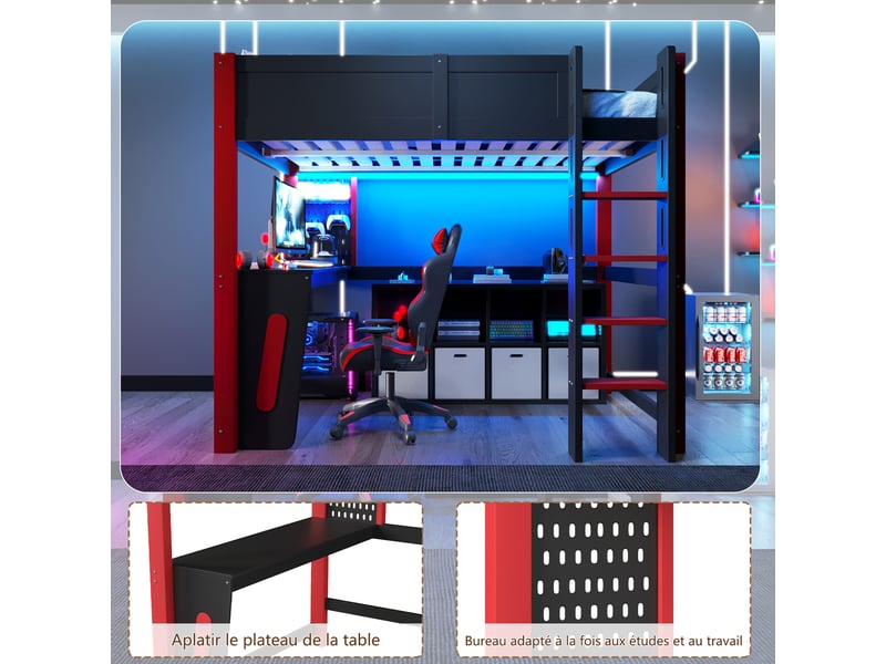  Lit mezzanine enfant 140x200 cm, bureau, panneau perforé, led multicolore, pin et mdf, noir + bois naturel Radiant Stride - Conforama E