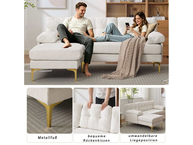 Canapé d'angle 3 places beige en tissu chenille avec accoudoirs rembourrés et pieds métalliques - Conforama W