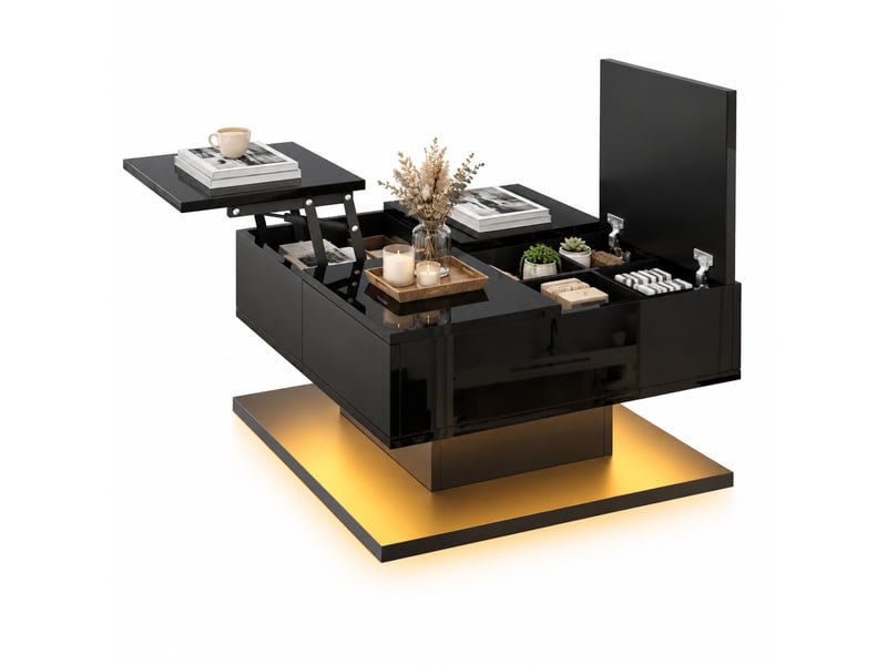  Table basse relevable avec rangement, 2 tiroirs et éclairage led contrôlé par application, noire  - Conforama A