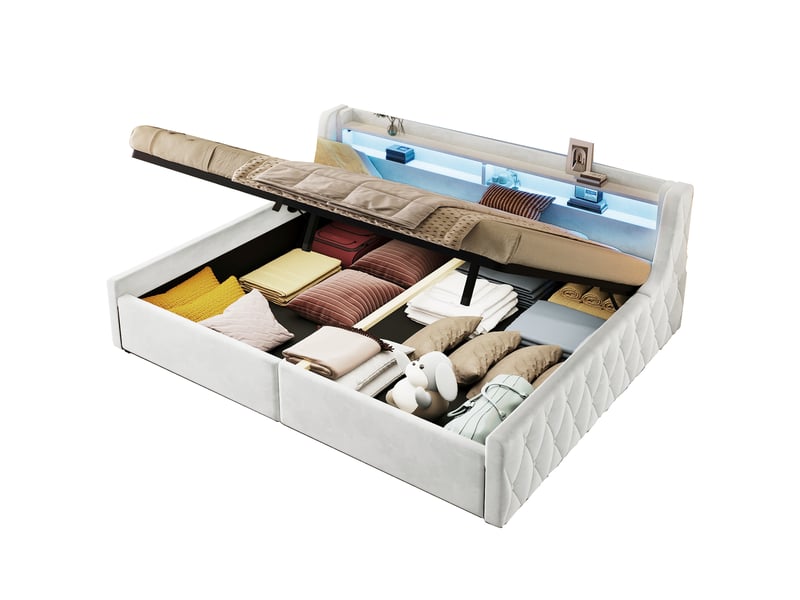 Lit coffre beige 140x200 cm en velours avec relevage hydraulique, tête de lit à led multicolores et rangement sous sommier  - Conforama D