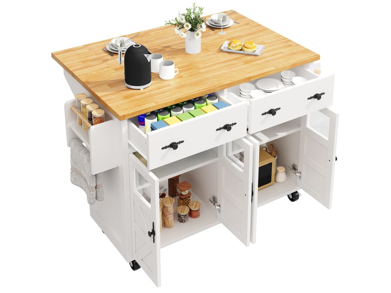  Îlot central de cuisine extensible blanc, rangement, portes vitrées, roulettes, étagères réglables, solide,mdf,140x45（73）x93.5cm  - Conforama A