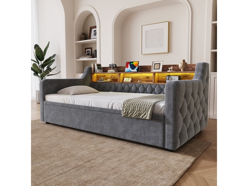  Sofa-lit en velours gris foncé 90 x 190 cm  - Conforama D