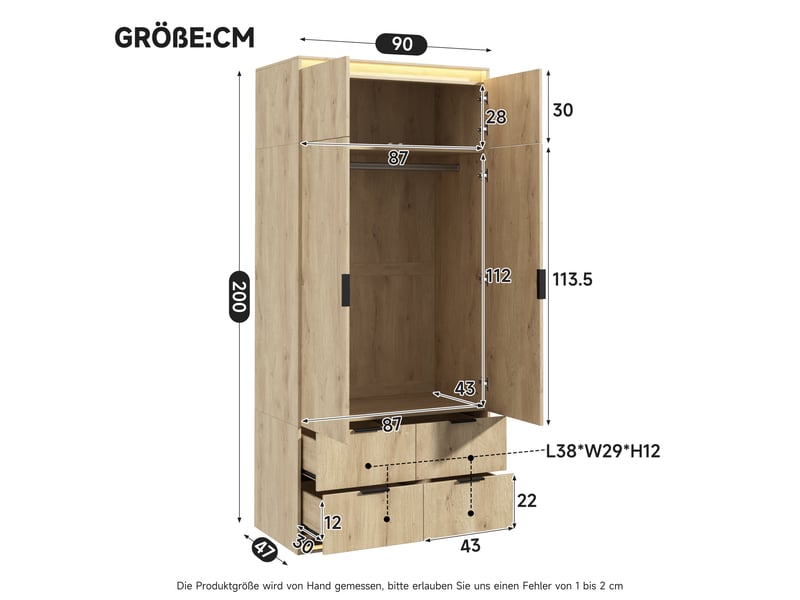  Armoire de chambre 2 portes avec miroir et led - 4 tiroirs, penderie - 90 x 47 x 200 cm  - Conforama C
