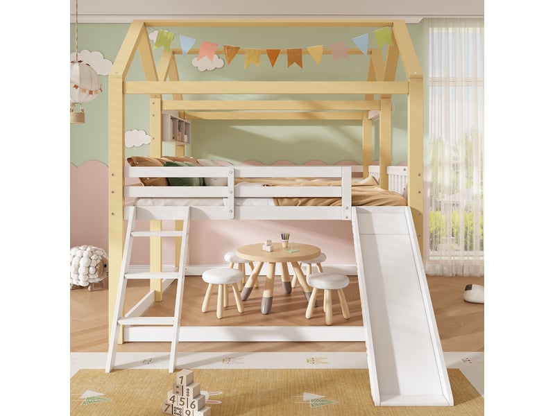  Lit mi-hauteur enfant cabane 90x200 avec toboggan evryae  - Conforama D