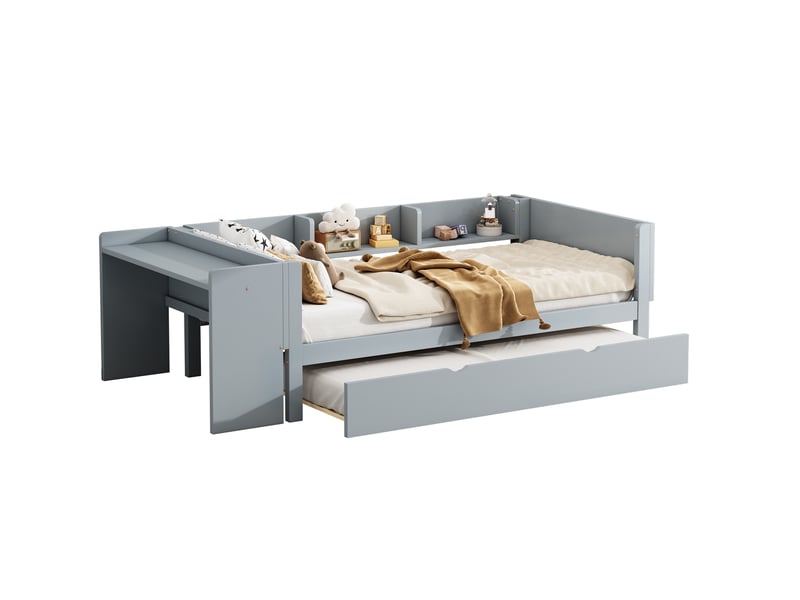  Lit combiné enfant 90 x 200 cm gris avec lit gigogne, bureau et 3 étagères  - Conforama A