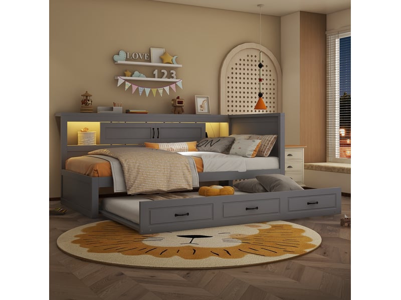  Lit gigogne 90x200cm, sommier, tête de lit, portes coulissantes, recharge, avec éclairage led, lit simple, mdf gris sans matelas  - Conforama D