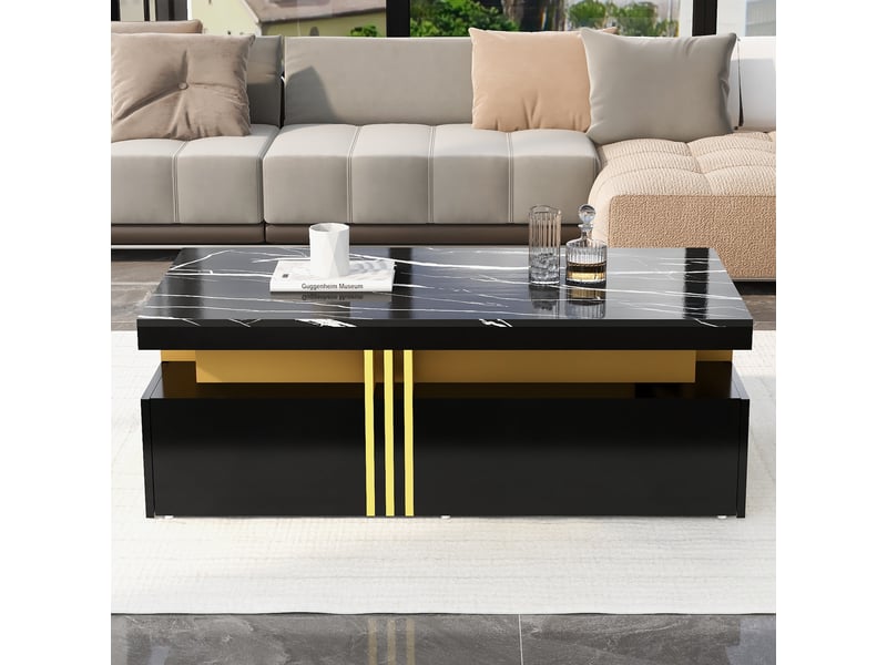  Table basse noire brillante rectangulaire avec 2 tiroirs effet marbre 100x50x40 cm  - Conforama C