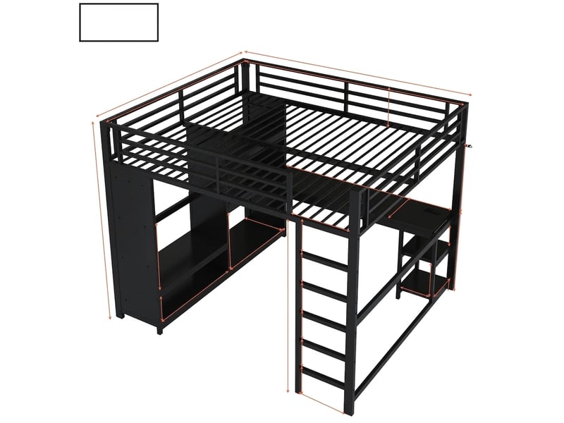  Lit mezzanine gamer 160x200 avec bureau et penderie ouverte, métal noir  - Conforama E