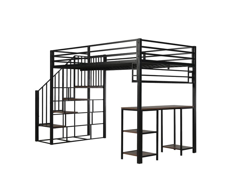  Lit mezzanine en fer, escalier avec rampe, bureau et étagère de rangement, sommier à lattes robuste, fer et panneaux de particules, noir et foncé, 120 x 200 cm  - Conforama E