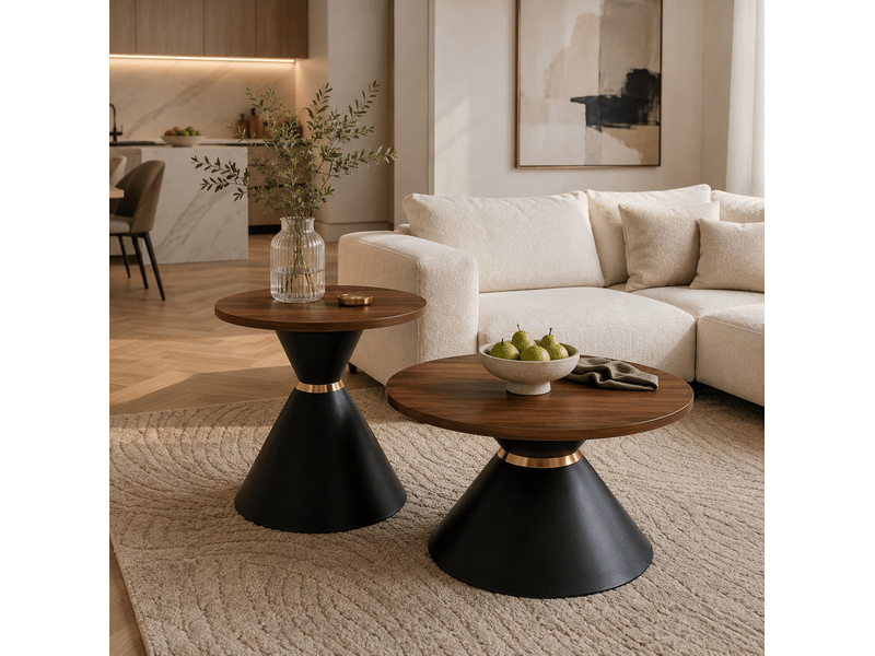  Lot de 2 tables basses rondes design conique métal noyer et noir  - Conforama C