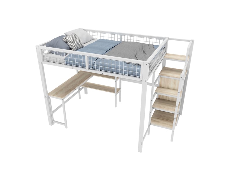  Lit mezzanine 140x200 cm en métal et mdf avec bureau, étagères et armoire blanche  - Conforama A