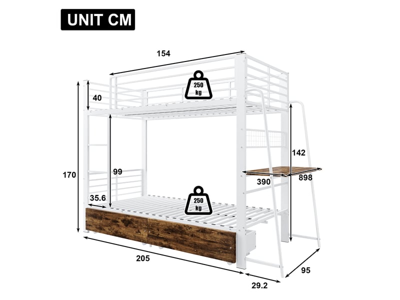  Lit superposé 2x90x200 cm avec bureau, éclairage led, tiroirs, métal et mdf, blanc  - Conforama B