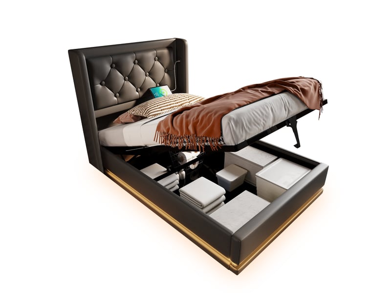  Lit coffre 90x200 cm avec usb type-c et led 3 côtés polyuréthane (pu) noir sans matelas  - Conforama A