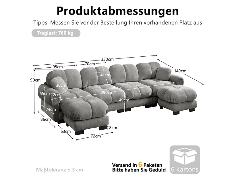 Canapé d'angle u à 4 places modulable, tissu chenille, gris clair, avec 2 ottomanes mobiles, design matelassé fin, confortable, ergonomique, facile à monter - Conforama C