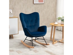 Fauteuil à bascule, rocking chair, fauteuil allaitement confortable avec structure en bois massif et métal pour salon, balcon, chambre, velours bleu