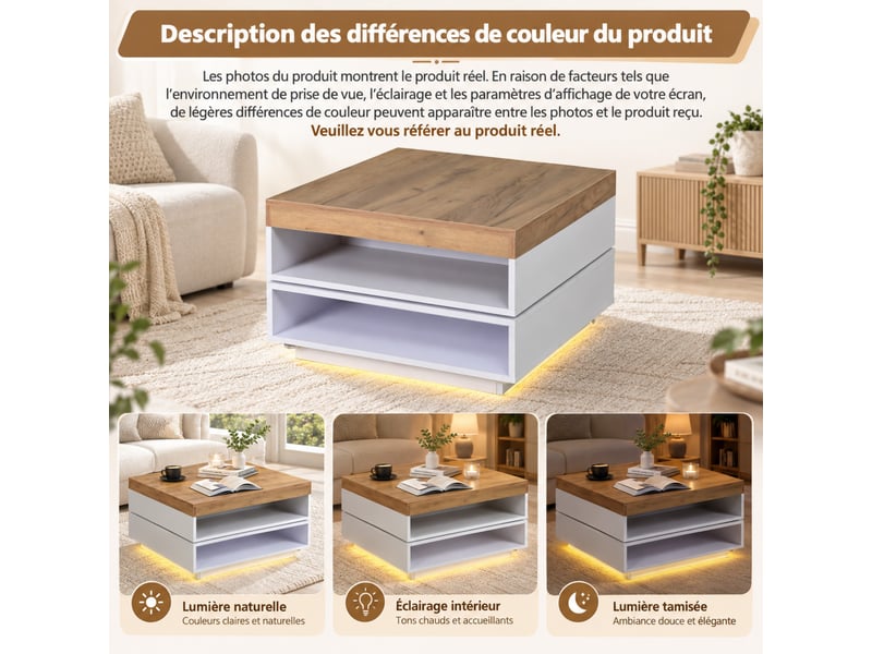  Table basse carrée led blanc et bois avec plateau pivotant 360° et rangement ouvert, 65x65x40 cm  - Conforama D