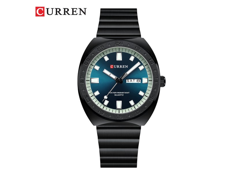 Montre ronde étanche avec double calendrier (noir et bleu), unisexe, avec bracelet en maille.