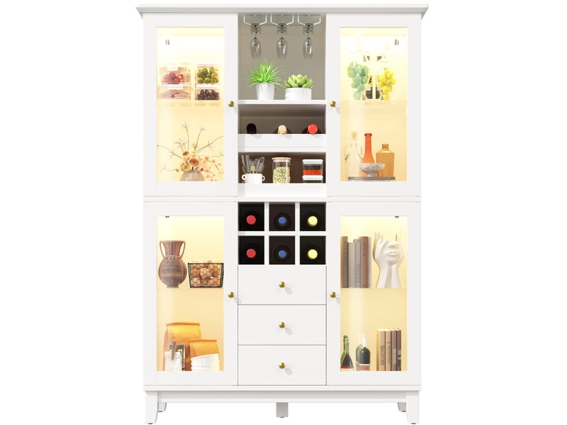  Buffet à vin modenvie avec éclairage led connecté, 120 x 40 x 180,5 cm, 3 tiroirs, range-verres et range-bouteilles, blanc  - Conforama A