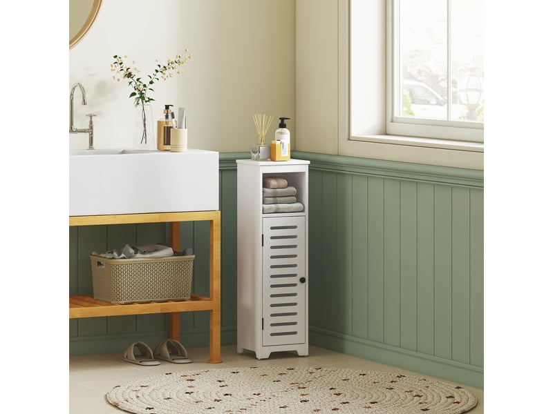  Meuble salle de bain, armoire salle de bain 4 niveaux  porte persienne, étagère ouvert, 22x20x75cm, blanc  - Conforama B
