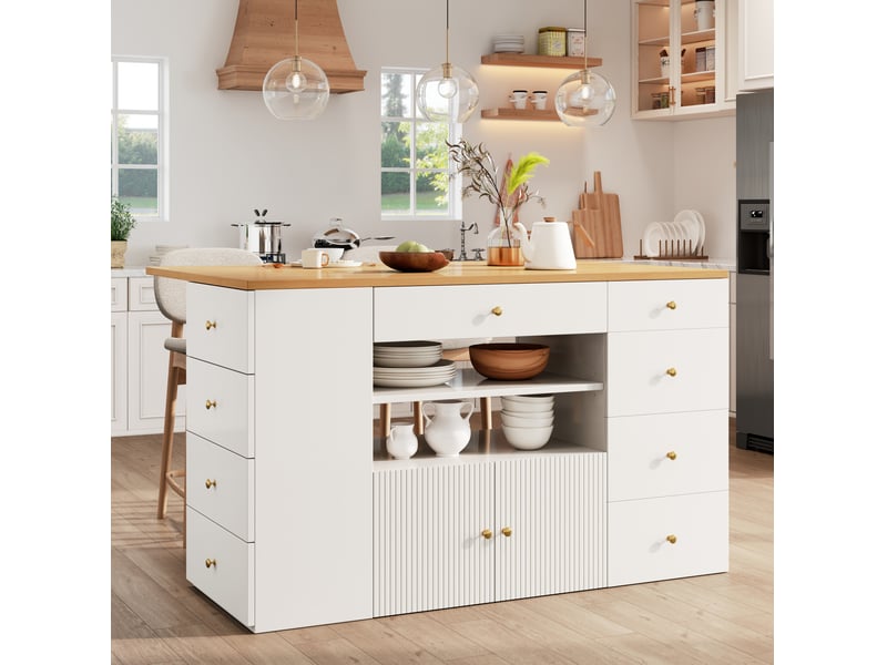  Îlot de cuisine avec tabouret à roulettes et 6 tiroirs, 140x40x89 cm, blanc  - Conforama D