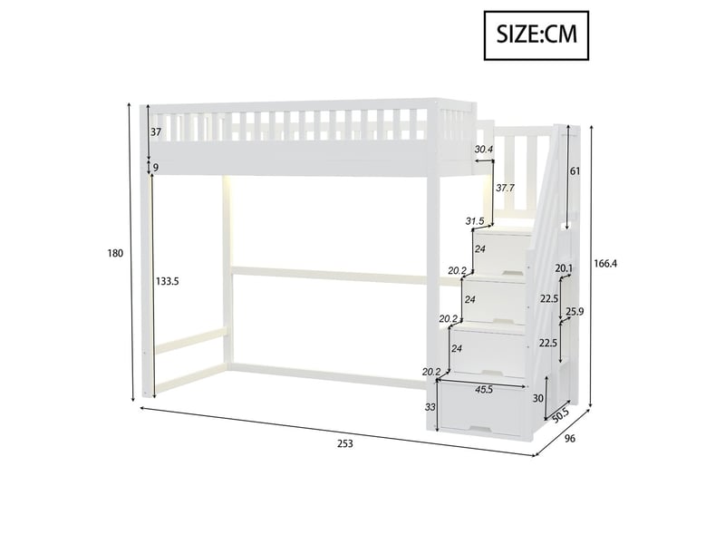 Lit mezzanine en pin massif 90x200 cm échelle sécurité barrières led échelles interchangeables deux côtés lit enfant blanc  - Conforama C