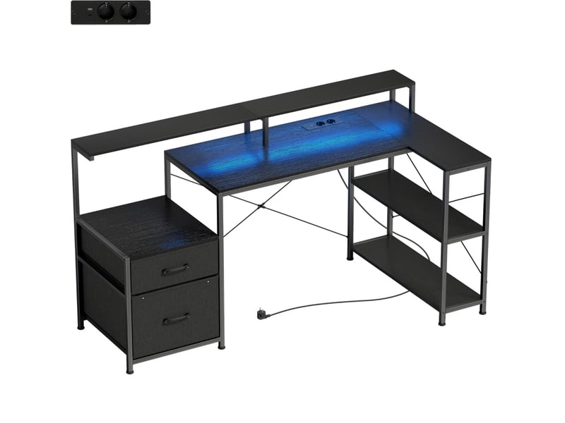  Bureau gaming en l noir 165 x 80 cm avec led 7 couleurs, prises et support double écran, rangement intégré  - Conforama A