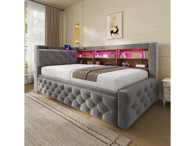  Canapé-lit 90x190 cm, lit enfant, couchage d'appoint, sommier à lattes, extensible, étagères, led, usb et usb-c, velours gris foncé  - Conforama D