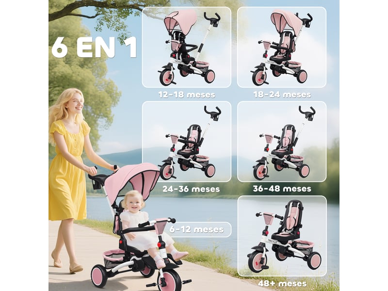  Tricycle convertible 6 en 1, pliable, siège pivotant à 360°, poignée parentale, dossier inclinable, capote, rose  - Conforama D