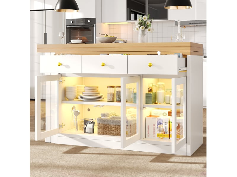  Îlot de cuisine extensible avec 3 tiroirs et 3 portes vitrées, led rgb, pour cuisine et salle à manger, blanc  - Conforama B