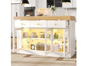 Îlot de cuisine extensible avec 3 tiroirs et 3 portes vitrées, led rgb, pour cuisine et salle à manger, blanc