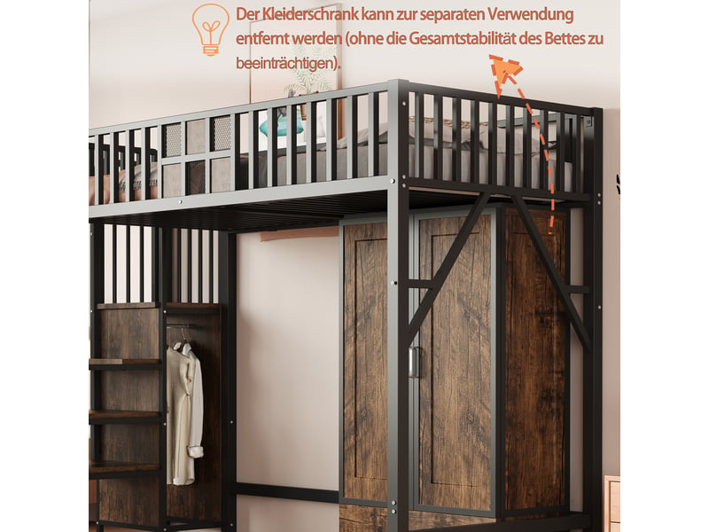 Lit mezzanine 1 place 90×200 cm avec armoire, tiroir et échelle de rangement - sans matelas, métal et bois noir - Conforama E