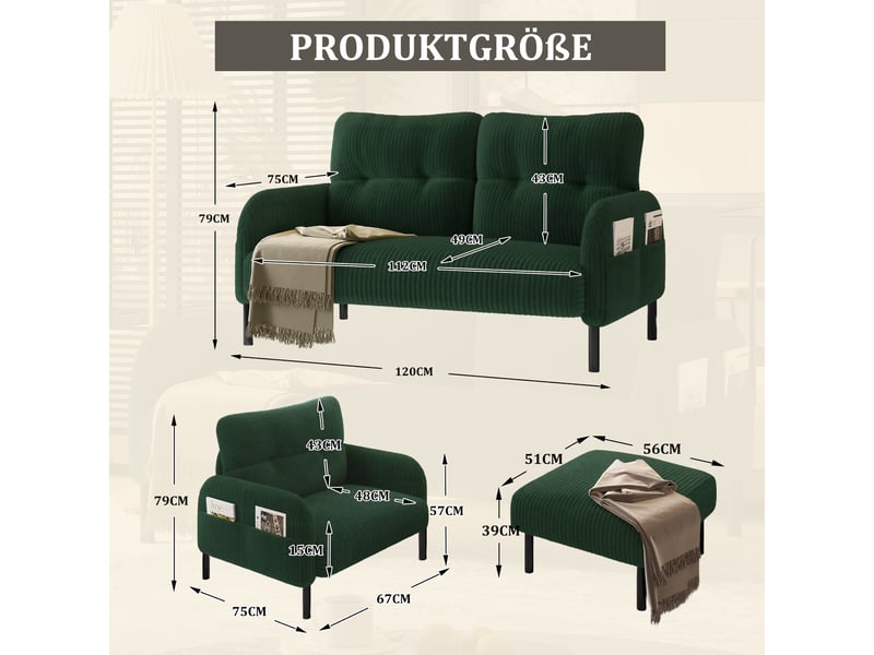  Ensemble de canapés 2 places avec fauteuil et repose-pieds, pochette latérale, dossier, pour le salon, velours, vert  - Conforama C