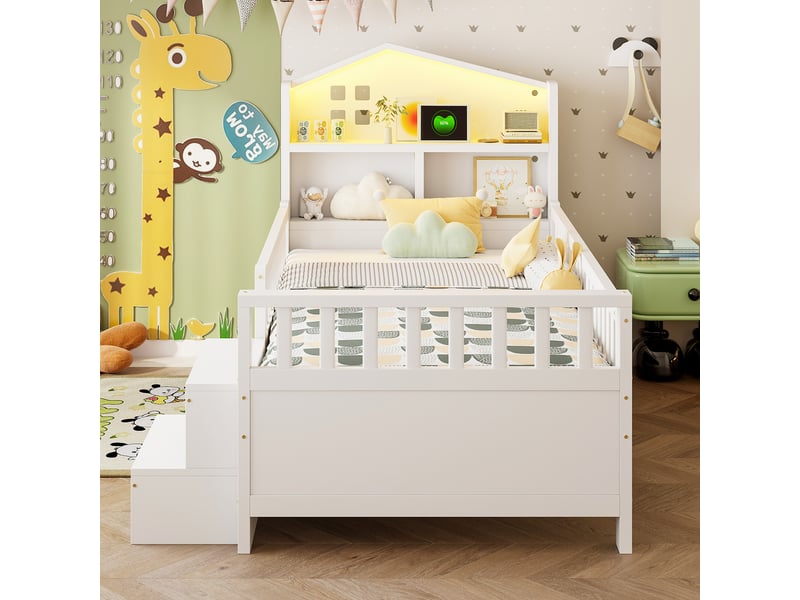 Lit enfant 90x200 cm blanc en bois massif avec 4 tiroirs, marche, led, usb et type-c - Conforama W