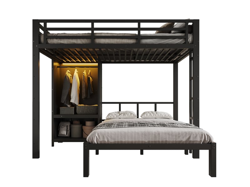 Lit superposé 120x200 cm en métal noir avec armoire et éclairage led - Conforama A