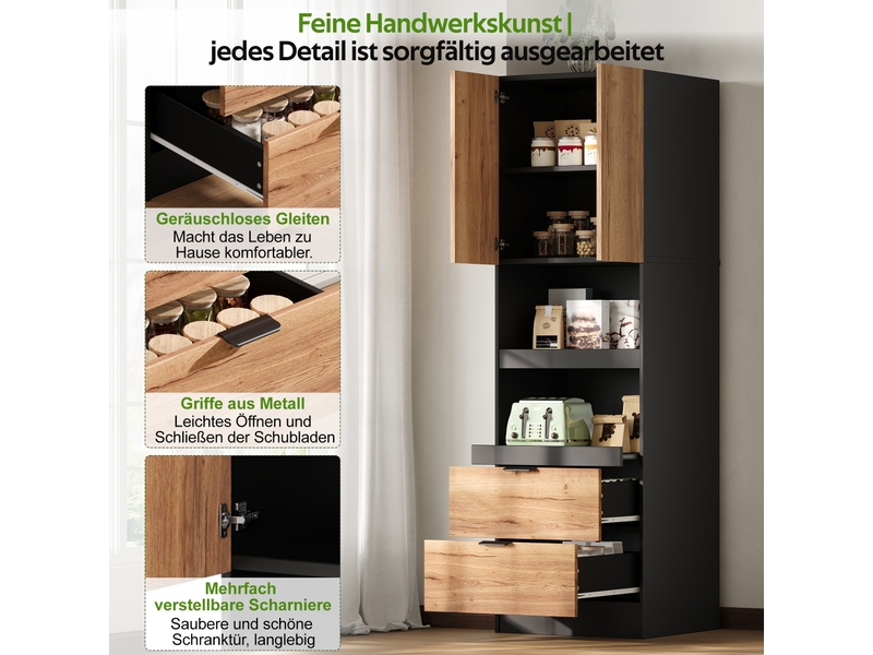 Armoire haute de cuisine 59,5x45x200 cm avec 2 tablettes coulissantes, 2 tiroirs, grand rangement micro-ondes, anti-basculement, mdf noir - Conforama E