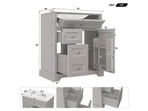 Meuble vasque sur pied gris, 76 x 46 x 87 cm, en mdf et céramique, avec étagères réglables et vasque intégrée