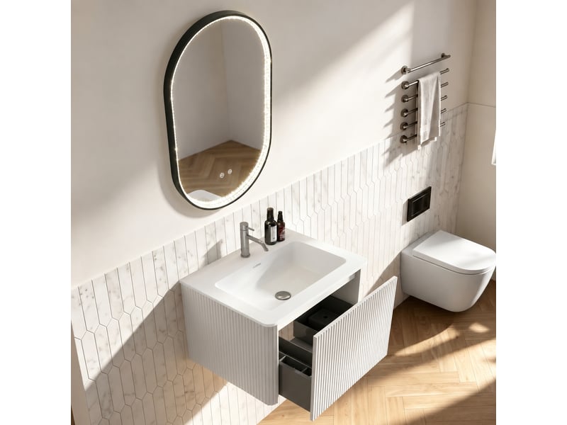  Ensemble meuble vasque suspendu 60 cm avec miroir led, façade rainurée blanche  - Conforama E