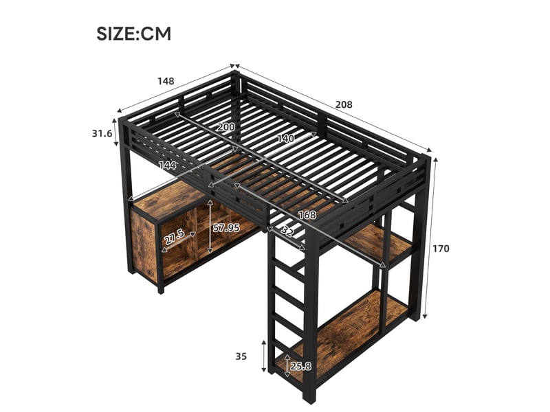 Lit mezzanine 140x200 cm noir, avec bureau, led, usb, rangements, penderie, structure métal, sommier inclus, sans matelas - Conforama C