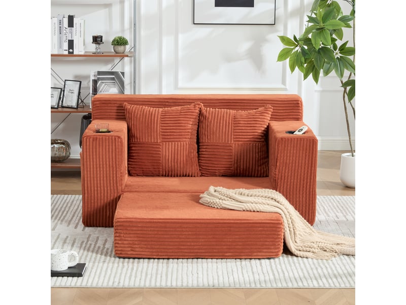  Canapé-lit deux places avec deux coussins et un porte-gobelet - orange  - Conforama D